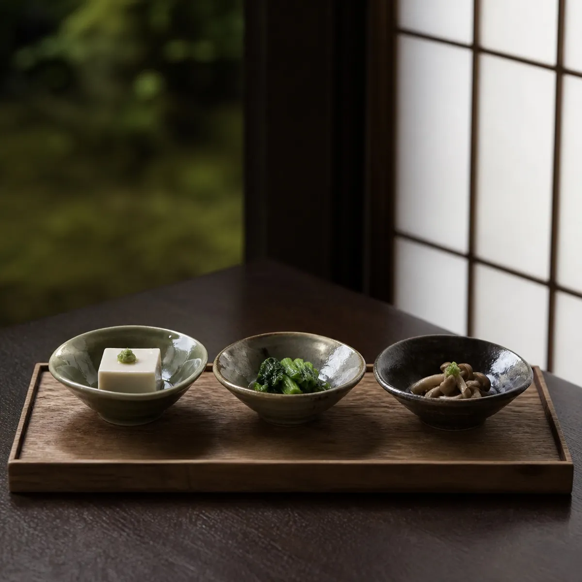 木の折敷に並んだ先付の小鉢三種。豆腐・青菜・きのこ(イメージ)