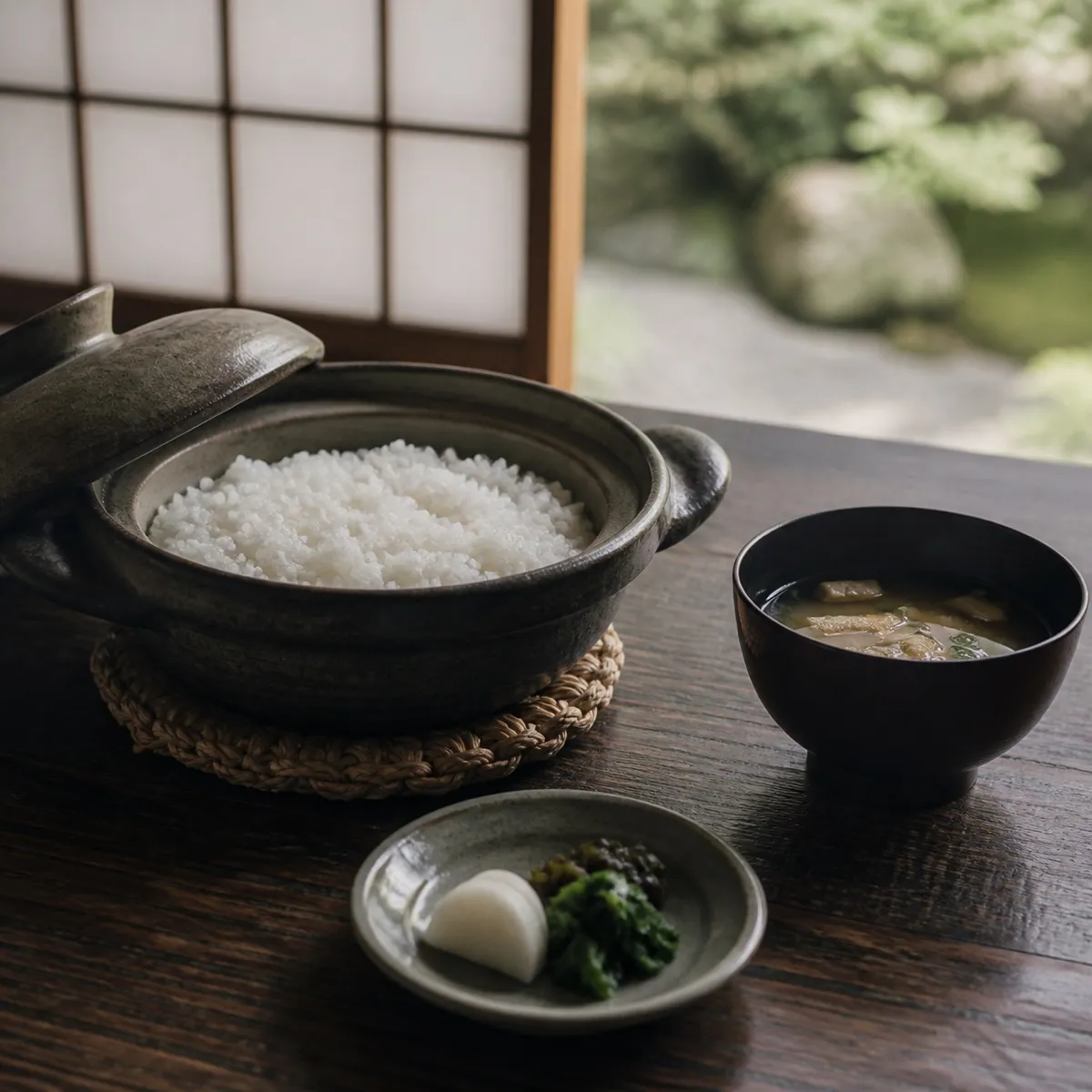 土鍋で炊いた白いごはんと味噌汁、漬物の小皿。朝の柔らかな光(イメージ)