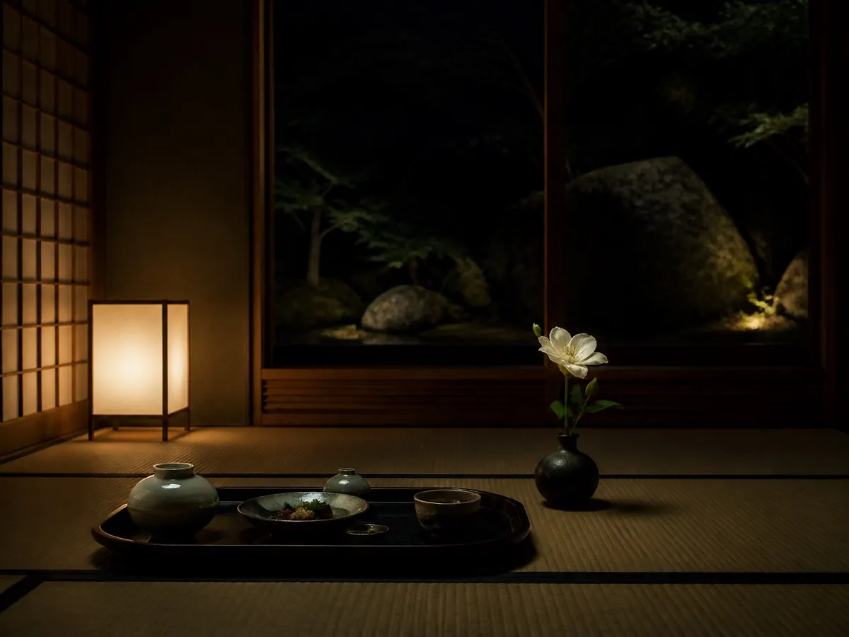行灯のほのかな灯りに照らされた夜の客室。膳と一輪挿しのしつらえ(イメージ)