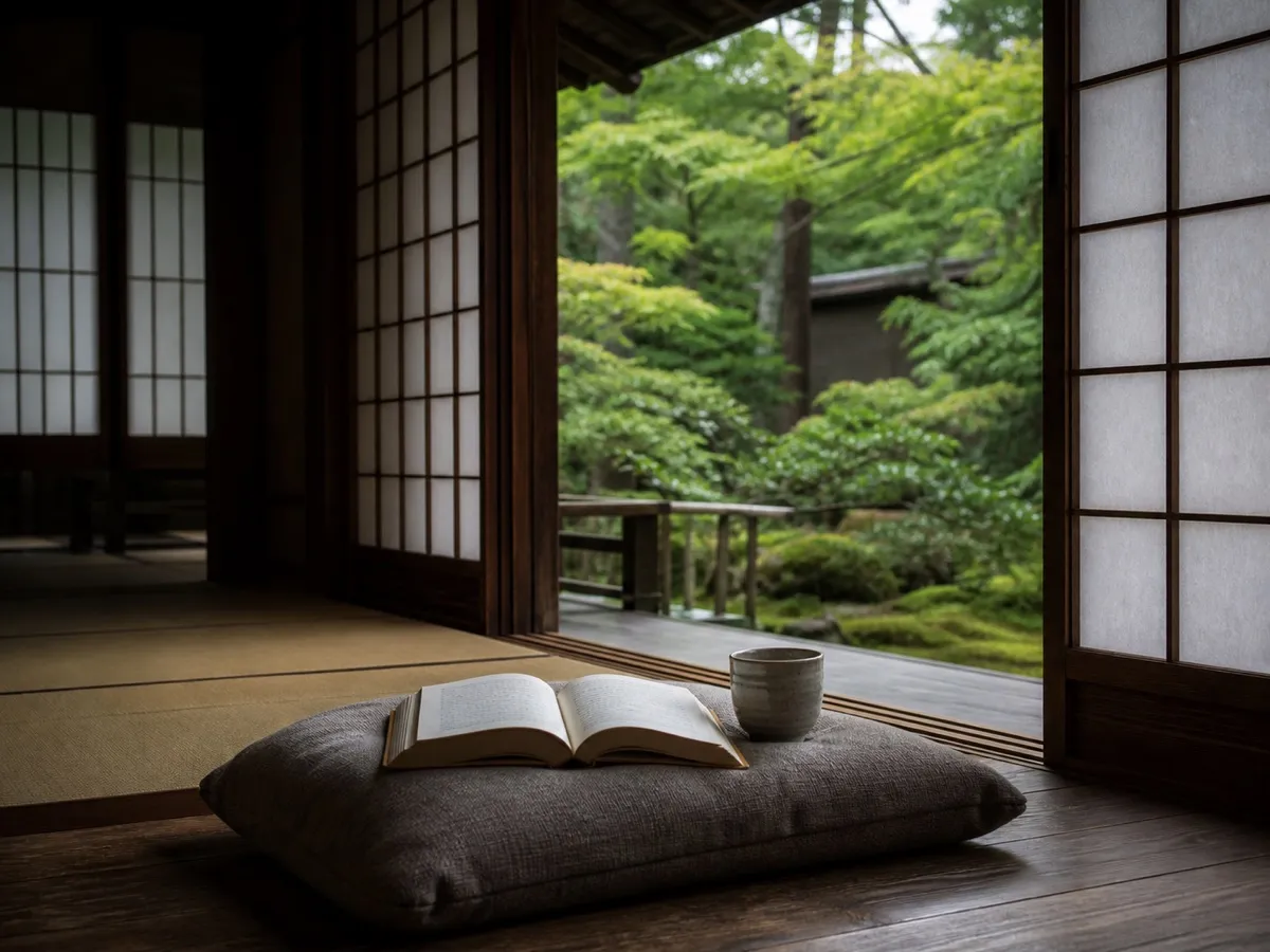 朝の広縁。座布団の上に読みかけの本と湯呑み、障子の外に庭の緑(イメージ)